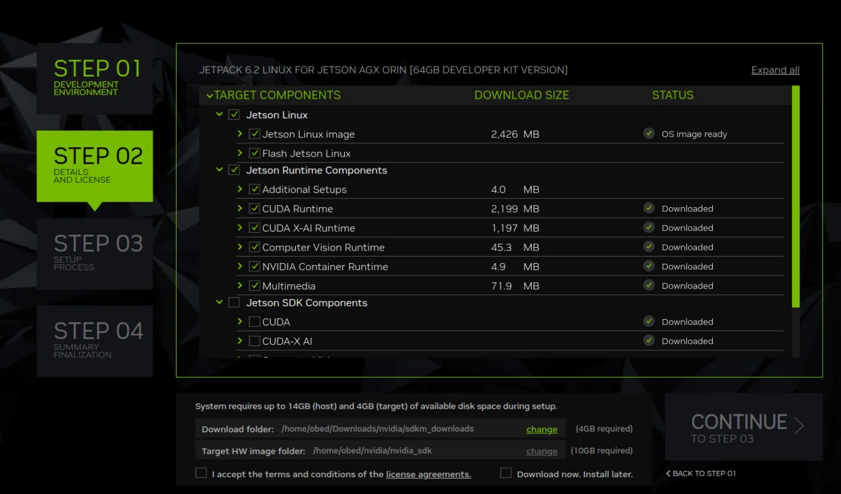 SDK Manager showing the target components installed successfully after the operating-system flash.