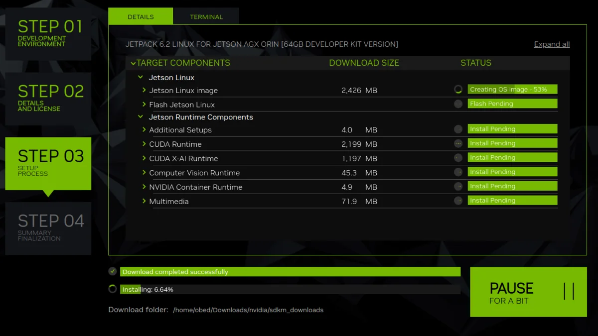 SDK Manager Step 02 showing Jetson Linux, runtime components, CUDA, cuDNN, TensorRT, OpenCV, and other selectable packages.