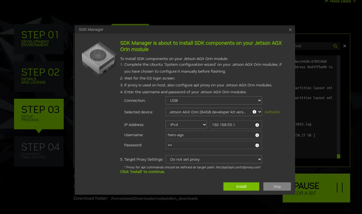 SDK Manager flash dialog showing the target storage, OEM configuration, username, password, and network settings.