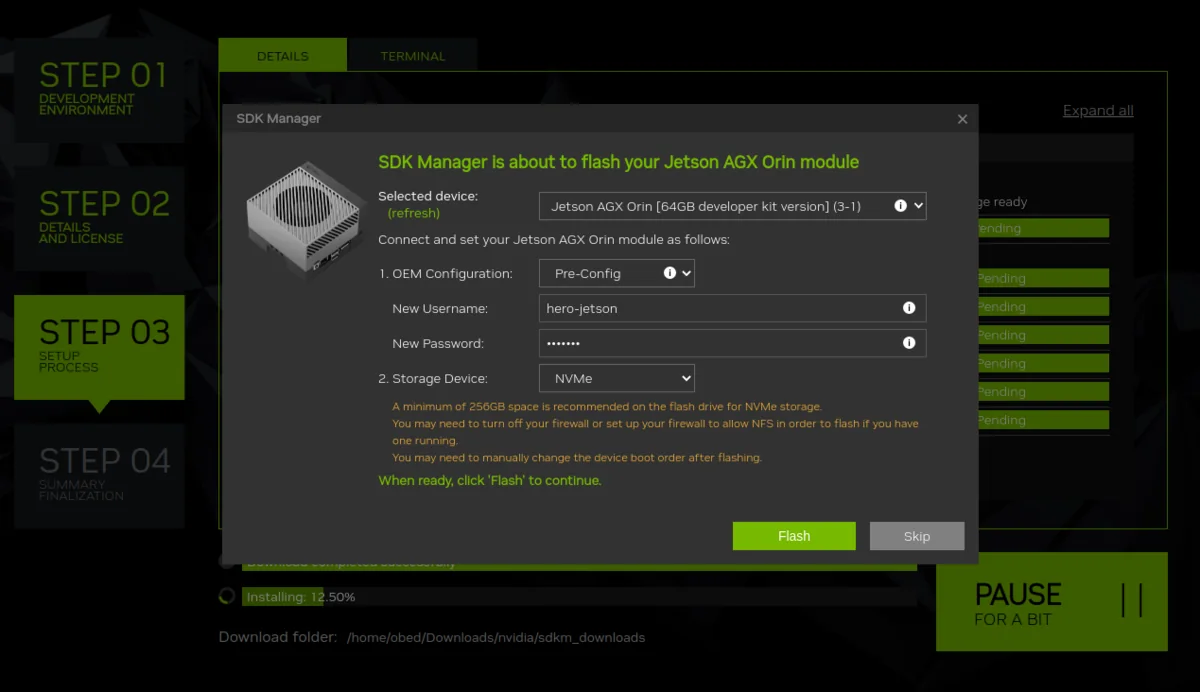 SDK Manager pre-installation dialog with the connection, OEM configuration, network, and storage-device options.
